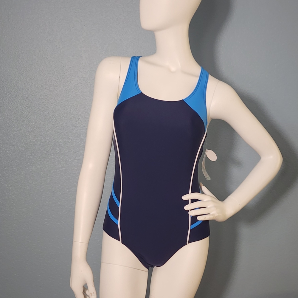 Elegant Blue and Black One-Piece Swimsuit